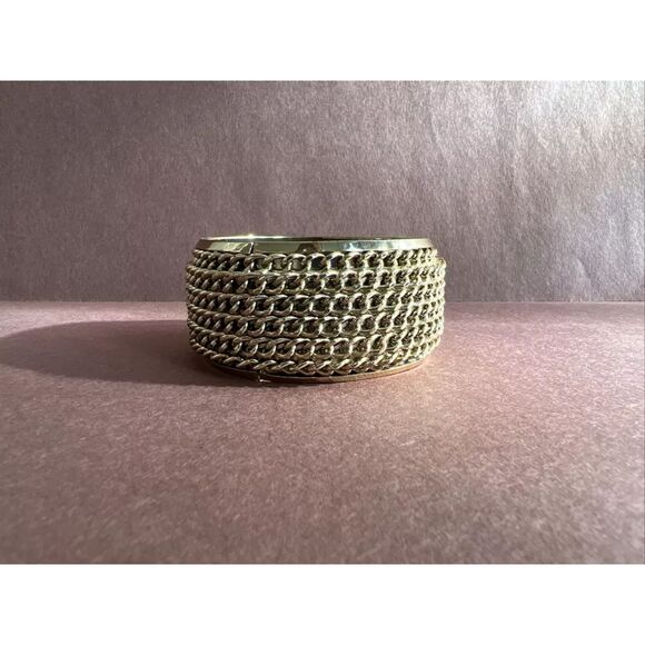 Wide Gold Tone Bangle Bracelet with Rows of Chains - Picture 1 of 5